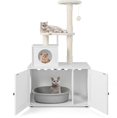 COSTWAY Krabpaal met kattenkast, all-in-one kattenhuis van hout, kattenkrabpaal met ingang, hol, sisalstam en speelbal, kattenmeubel, kattenboom, kattenspeelhuis, 77,5 x 49 x 132 cm, wit