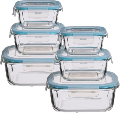 5Five Vershoudbakjes met deksel - glas - set 6x stuks - 330/530/1180 ml - luchtdicht - met clips