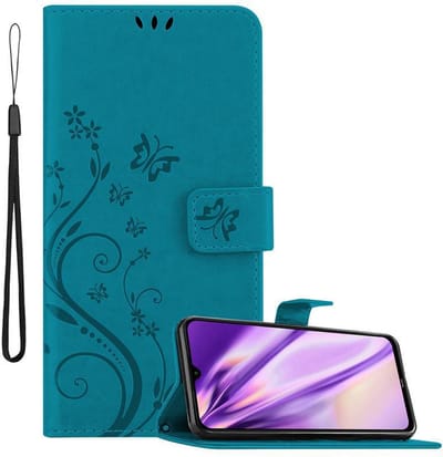 Cadorabo Hoesje geschikt voor Xiaomi RedMi NOTE 8 in BLOEMEN BLAUW - Beschermhoes in bloemmotief met magnetische sluiting, standfunctie en kaartsleuven Book Case Cover Etui