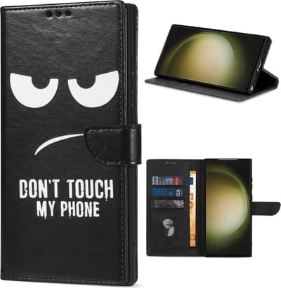 Multimedia & Accessoires Lederen Book Case Hoesje geschikt voor Samsung Galaxy S24 Ultra – Don’t Touch My Phone – Zwart -Telefoonhoesje – Met Stand – Kaarthouder – Pasjes Houder – Magneet Sluiting – Bookcase