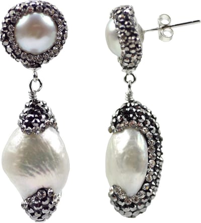 Zoetwater parel oorbellen Double Bling Baroque Pearl - oorstekers - echte parels - wit - zwart - stras steentjes - sieraden doosje - parel oorbellen dames - parel oorknopjes