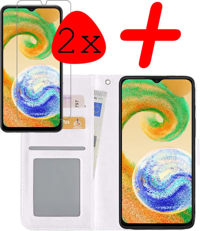 Hoesje Met 2x Screenprotector - Geschikt voor Samsung Galaxy A04s - Luxe Pasjeshouder - Bookcase Portemonee - Flip Case - Kunstleer Book Case - Flipcase Hoes - Book Cover - Walletcase - Portemonneehoes - Wit
