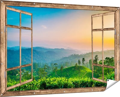 Gards Tuinposter Doorkijk Zonsondergang op een Thee Plantage - 180x120 cm - Tuindoek - Tuindecoratie - Wanddecoratie buiten - Tuinschilderij