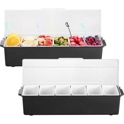 VEVOR ijsgekoelde serveerbak voor sauzen en specerijen, 6 compartimenten, bak voor groente- en fruitsaus, plastic deksel voor garnering, doseerplateau, voor bars en restaurants (tacorestaurants)