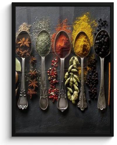 Poster in lijst - Fotolijst 50x70 cm - Posters - Lepels - Specerijen - Kaneel - Chili - Posterlijst zwart - Decoratie - Wanddecoratie woonkamer - Muurdecoratie slaapkamer