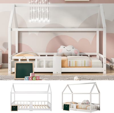 Kinderbed huisbed met schoolbord en valbeveiliging - Voor peuters en schoolkinderen 90x200 cm - Wit - Massief grenenhout - Inclusief 15-delige lattenbodem - 120 kg draagvermogen