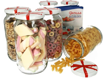 Set van 6 ronde potten 1062 ml Naar 82 lint decor deksel incl. Diamant Gelierzauber receptenboekje