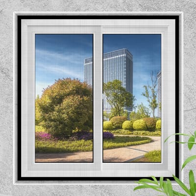 Een raamhor van 60x30 cm, verstelbaar, geschikt voor doe-het-zelf montage, gemaakt van glasvezelgaas, grijs gaas, zwarte rand.