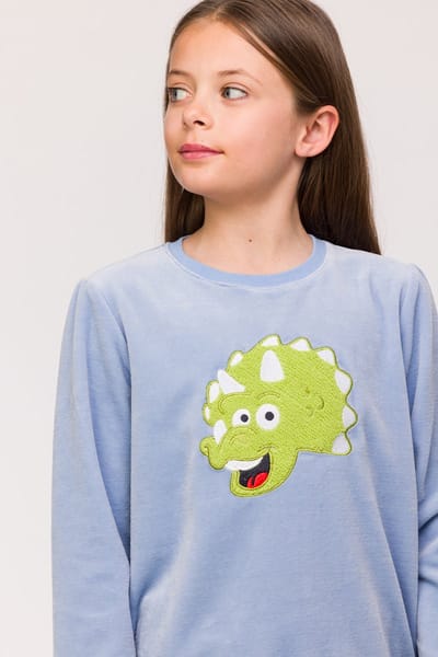Woody pyjama meisjes/dames velours - lichtblauw - dino - 242-10-PDV-V/828 - maat 128