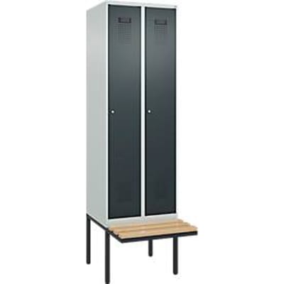 C+P Evolo Plus kledingkast, 2 vakken van elk 300 mm breed, zwevende bank, B 600 x D 815 x H 2120 mm, cilinder, lichtgrijs/antracietgrijs