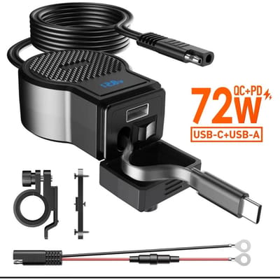 Prise USB Type-C Rétractable pour Moto 72W 12V Adaptateur d'Alimentation Double Port PD+QC3.0 avec Interrupteur Voltmètre Numérique Étanche brute terre d’ombre