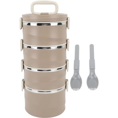 3.3L 4-laags geïsoleerde lunchbox 304 roestvrijstalen voedselcontainer ronde stapelbare bentobox met 2 bruin