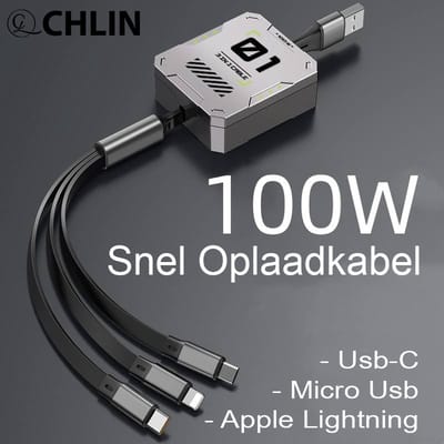 CL CHLIN® Retractable 01 100w USB Oplaadkabel en Datakabel voor iPhone, Samsung, Google Pixel en Android Smartphones - Multifunctionele Universele USB kabel - MFI Gecertificeerde Oplaadkabel - Oprolbaar USB-C oplaadkabel - Lightning kabel - micro usb