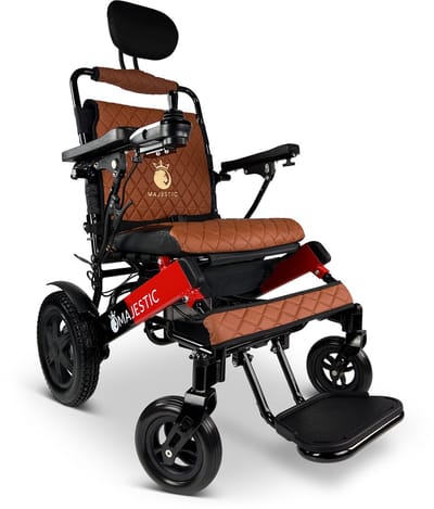 COMFYGO IQ-9000 Elektrische Rolstoel, Lichtgewicht, draadloze afstandsbediening, tot 30 km, Handmatig inklapbaar zonder Achterover leunen, Zwart&Rood frame, Taba leer textiel, Zitbreedte 51cm