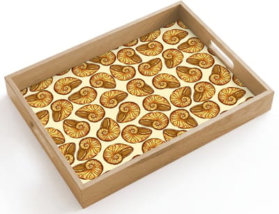 Dienblad hout 40x30 cm - Schootdienblad - Kust - Zee - Schelp - Goud - Borrelplank rechthoek - Plateau dienbladen