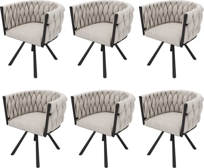 Merax Luxe Eetkamerstoelen – Set van 6 – Draaibare Stoelen – 360° Rotatie – Linnen Bekleding – Stevige Metalen Poten – Ergonomisch Design – Beige en Zwart