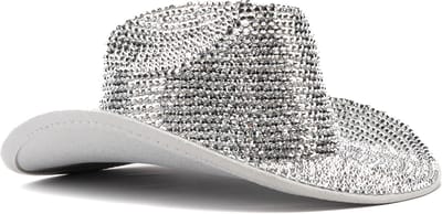 KIMU® Cowboyhoed Zilver Strass Steentjes - Cowgirl Western Hoed Zilveren - Cowboy Diamantjes Glitter Dames Heren Foute Party Circus Festival