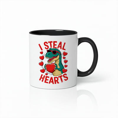 I Steal Hearts Dinosaurus Mok 330ml – Wit-Zwarte Koffiemok met Grappige T-Rex Valentijnsprint – Schattig Romantisch Cadeau