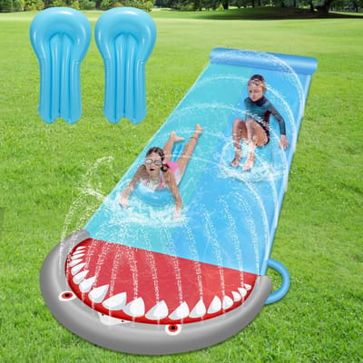 Waterglijbaan Dubbel - Zomer Speelmat - Tuin Waterpret - Ingebouwde Sprinklers - 550x145 cm - Blauw
