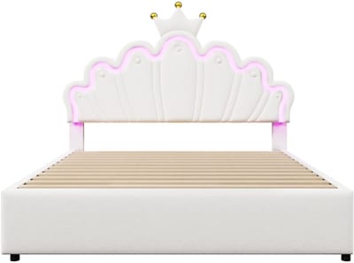 Gotagee Gestoffeerd bed, 140 x 200 cm, Zonder matras, Sfeerverlichting met afstandsbediening, Bed met 2 lades, Prinsessenbed in kroonvorm, Verstelbaar hoofdeinde, PU, Wit