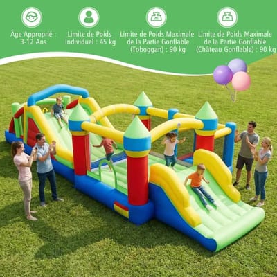 Dailygoods Opblaaskasteel met gigantische glijbaan en springkasteel. Opblaasbare structuur met tunnels en obstakelpalen.