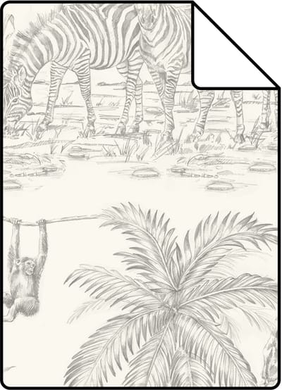 Proefstaal ESTAhome behang toile de jouy jungle grijs en wit - 26.5 x 21 cm - 132117-S