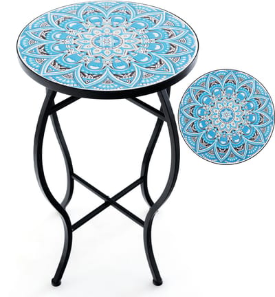 COSTWAY Bijzettafel, mozaïektafel, rond, mozaïek, tuintafel, bistrotafel, diameter 30 x 50 cm, balkontafel van metaal en keramiek, bloemenkruk voor balkon, terras en tuin (zwart + grijs)