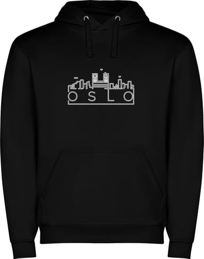 Zwarte unisex hoodie met “ Skyline Oslo – Vakantiegevoel – Strak – Modern “ Print Full Color Color merk Roly maat S