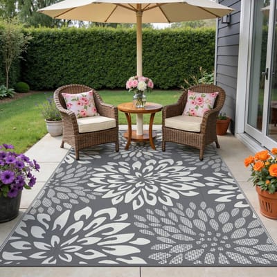 Buitentapijt 180 x 270 cm Groot Omkeerbaar, Tuintapijten Waterdicht Terras UV-bestendig Lichtgewicht, Kunststof Stro Buitenmat voor Terras Balkon Camping Achtertuin Strand, Blad, Grijs