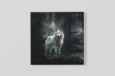 Vierkant Canvas Schilderij - Witte Wolf in het Bos - Dierenkunst met Mystiek Karakter - 40x40x2 cm