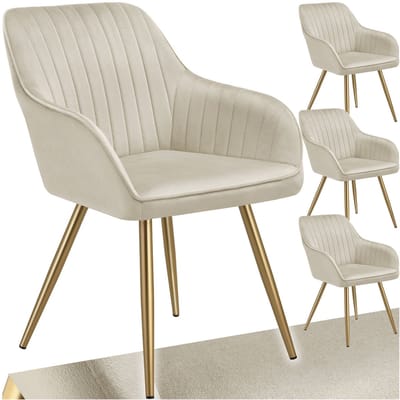 tectake® Eetkamerstoelen Marilyn - Set van 4 - Gestoffeerde Stoel in Fluweellook - Doorgestikt - Zwarte Stoelpoten - Ergonomische Keukenstoel - Doorlopende Rugleuning en Armleuningen - Stoel voor Woonkamer, Eetkamer, Slaapkamer - Creme
