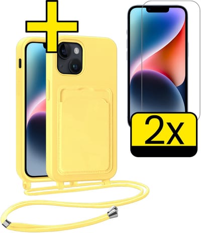 Hoesje Geschikt voor iPhone 13 Telefoonhoesje Met Koord Case Pashouder Met 2x Screenprotector Siliconen - Hoes Geschikt voor iPhone 13 Hoesje Met Kaarthouder - Geel