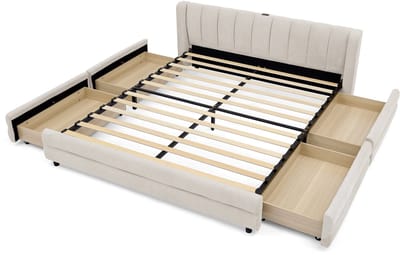 COVREO Bed met 4 lades – 140x200 cm – Tweepersoonsbed met USB-poort – voor slaap- en logeerkamer – Beige - zonder matras