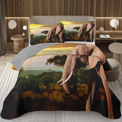 Ensemble de courtepointe Éléphant, Animaux Africains Éléphants Couvre-lit Matelassé Ensemble de Literie Style Ferme Rustique Occidental Thème Safari Sauvage Couvre-lit US Twin 173x228cm