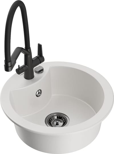 Mexen Diego 1-komorige granieten spoelbak met duobatterij, wit - 6512-20-671701-70-B
