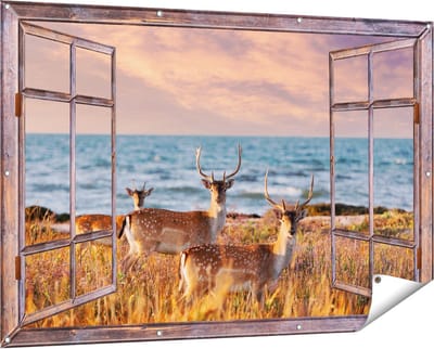 Gards Tuinposter Doorkijk Drie Herten aan de Zee tijdens Zonsondergang - 150x100 cm - Tuindoek - Tuindecoratie - Wanddecoratie buiten - Tuinschilderij