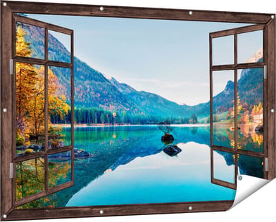 Gards Tuinposter Doorkijk Meer met Herfstbomen - 150x100 cm - Tuindoek - Tuindecoratie - Wanddecoratie buiten - Tuinschilderij