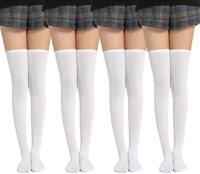 NTH products- Dijhoge Sokken 4 Paar - Effen Witte Kousen - Dames/Meisjes - Over de Knie - Comfortabel - Katoen/Polyester - Kniekousen