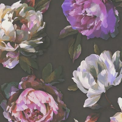 Bloemen behang Profhome 396091-GU vliesbehang hardvinyl warmdruk in reliëf licht gestructureerd met bloemmotief mat zwart violet groen bruin 5,33 m2