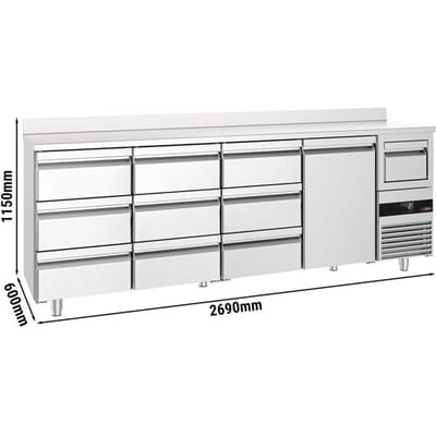 GGM Gastro Bar- & Getränkekühltisch PREMIUM - 2690x600mm - mit 1 Tür, 9 Schubladen, Aufkantung & Ausklopfer für Kaffee Zilver