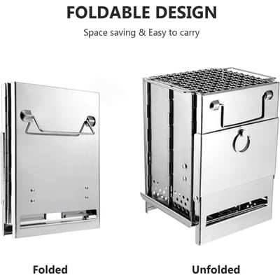 Poêle à bois en acier inoxydable pliable Mini barbecue à charbon de bois léger pour camping jardin pique-nique en plein air argenté