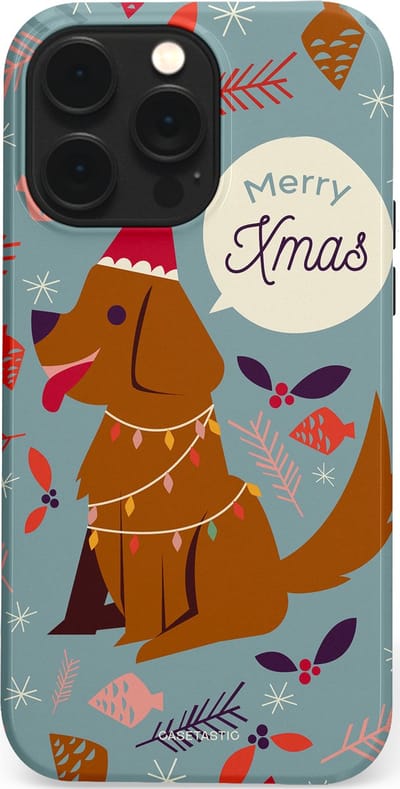Casetastic hoesje geschikt voor Apple iPhone 14 Pro Max - MagSafe - Dubbellaagse bescherming - Merry Christmas Hond - Fashion Case - Zilver Bruin Saliegroen Rood