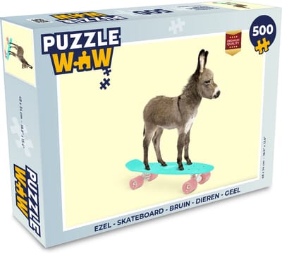 Puzzel Ezel - Skateboard - Bruin - Dieren - Geel - Legpuzzel - Puzzel 500 stukjes