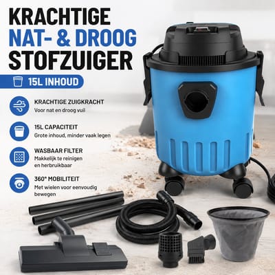 Emmerstofzuiger / Nat-Droog Stofzuiger / Bouwstofzuiger – 15L plastic emmer, 5m snoer – Voor zwembad, terras, tuin, caravan, garage & bouw – Incl. 3 verlengbuizen, slang, vloermondstuk, 2-in-1 zuigmond, zwenkwielen & HEPA-filter