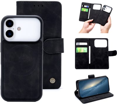 Casemania Hoesje Geschikt voor Apple iPhone 17 Pro - Charcoal Gray - Kunstleer 2 in 1 Afneembare Bookcase - Geschikt voor MagSafe - Magnetische Telefoonhoesje met Pasjeshouder en Standaardfunctie