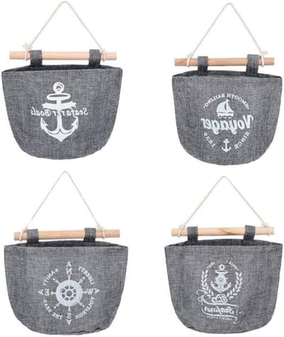 Set van 4 Wandorganizers in Katoen, Opbergzakken voor Slaapkamer, Kantoor en Badkamer, Grijs, 8.3 x 6.3 inch, Ruimtebesparend en Functioneel