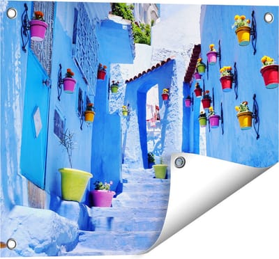 Gards Tuinposter Blauwe Huizen met Bloempotten in Chefchaouen, Marokko - 50x40 cm - Tuindoek - Tuindecoratie - Wanddecoratie buiten - Tuinschilderij