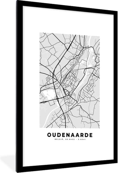 Fotolijst incl. Poster Zwart Wit- Zwart Wit – België – Plattegrond – Stadskaart – Kaart – Oudenaarde - 60x90 cm - Posterlijst