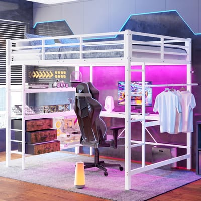 Sweiko Hoogslaper - 140*200 cm - met LED verlichting + Bureau + USB aansluiting - 3 laden - legplanken - Zonder matras - Wit