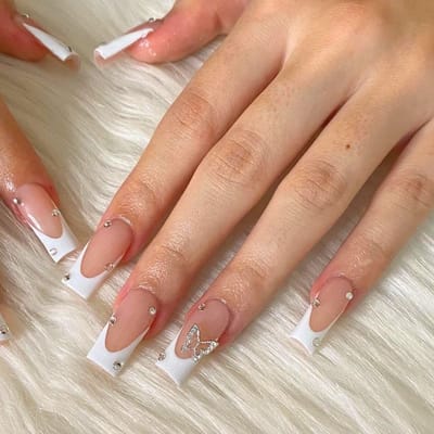 Dailygoody - Franse tip kunstnagels - Lijm-on nagels met strassteentjes - Glanzende afwerking - Geschikt voor vrouwen en meisjes - Lange vierkante nag...